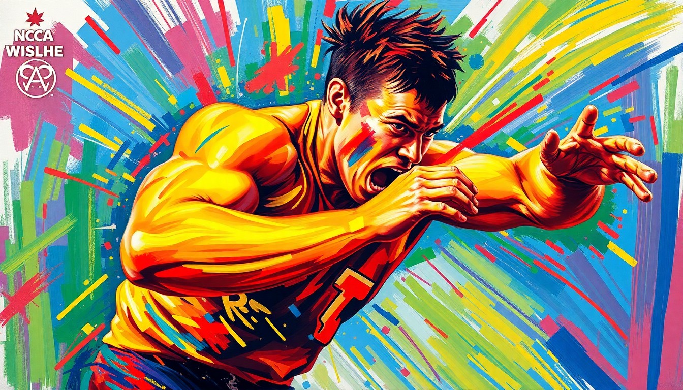 An abstract, energetic painting featuring bold brushstrokes in neon colors, capturing the intense physicality and dynamic motion of a wrestler in action.