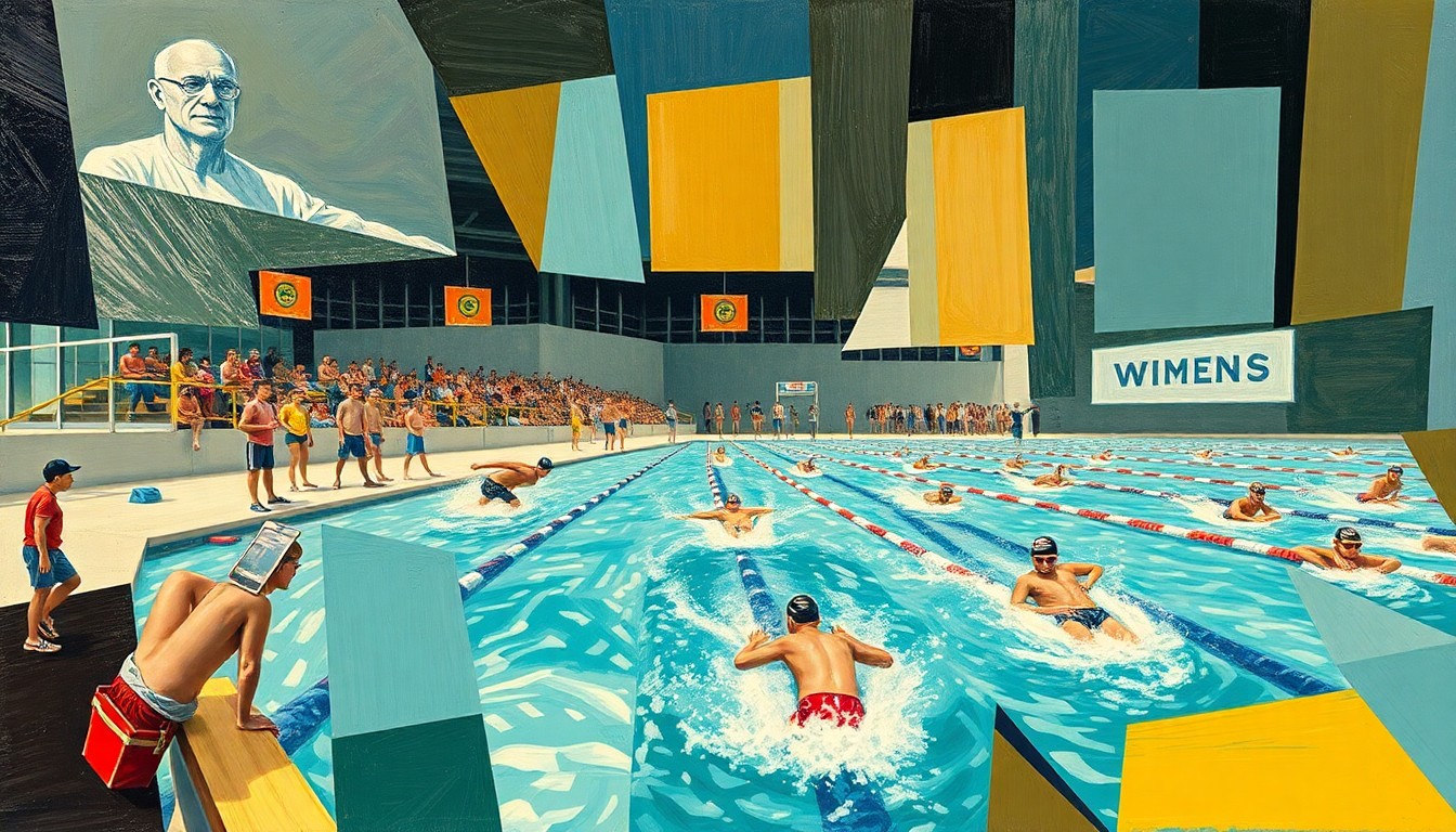 A cubist-style painting depicting a fragmented, geometric representation of a high school swimming competition, with overlapping planes of color and form capturing the dynamic energy and movement of the sport.