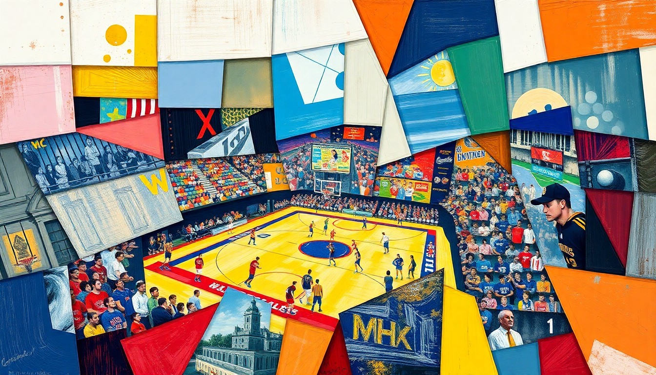 A fragmented, cubist-style painting depicting a college sports competition, with sharp geometric shapes and planes in the team colors and neutral tones, conveying the order's potential to disrupt the dynamics of college athletics.