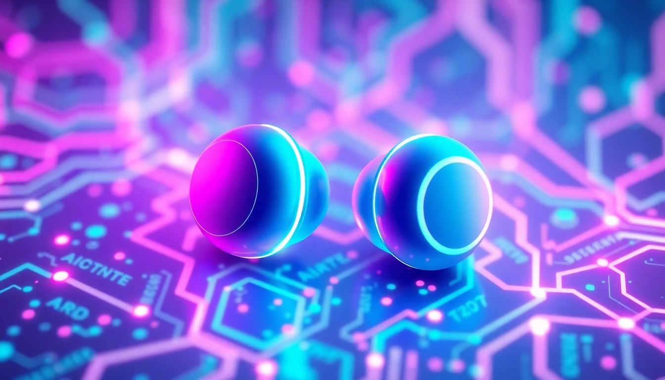 A highly detailed, glowing 3D illustration of a pair of futuristic, AI-powered earbuds in a vibrant neon cyan and magenta color palette, set against a backdrop of abstract, illuminated digital circuitry and data streams, conveying a sense of advanced technology and seamless connectivity.