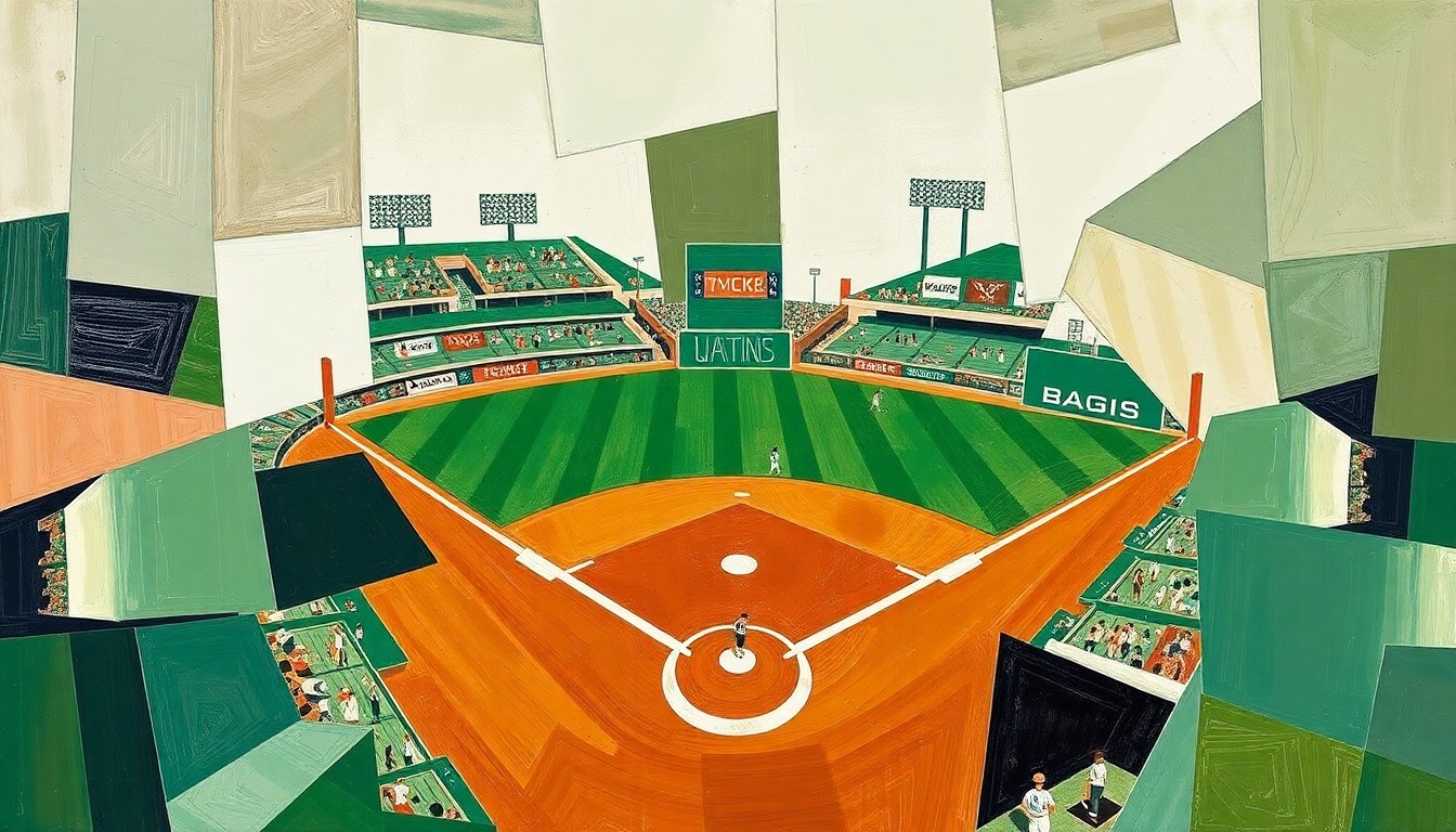 A fragmented, geometric painting depicting a baseball game in motion, with overlapping shapes and planes of color representing the players, field, and action.
