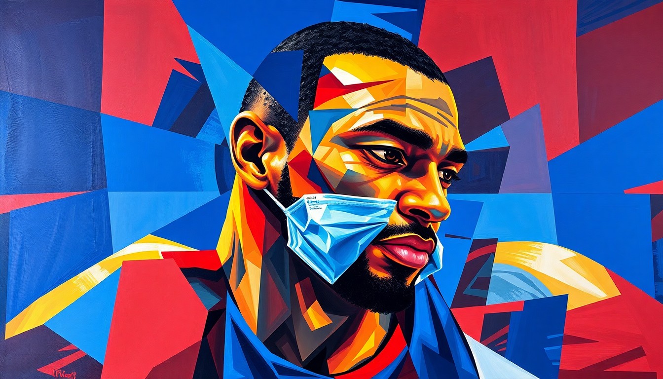 A fragmented, cubist-style painting depicting a basketball player's head and upper body, with sharp geometric shapes and planes in the team's colors representing the injury and surgery.