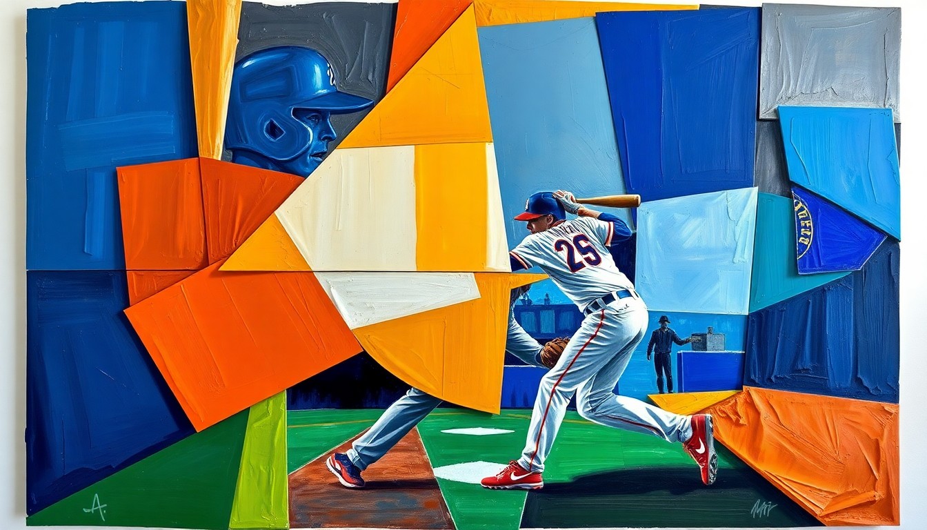 A fragmented, cubist-style painting depicting a baseball player in motion, with sharp geometric shapes and planes in a palette of deep blues, oranges, and metallic silvers, conveying the dynamic energy of the sport.