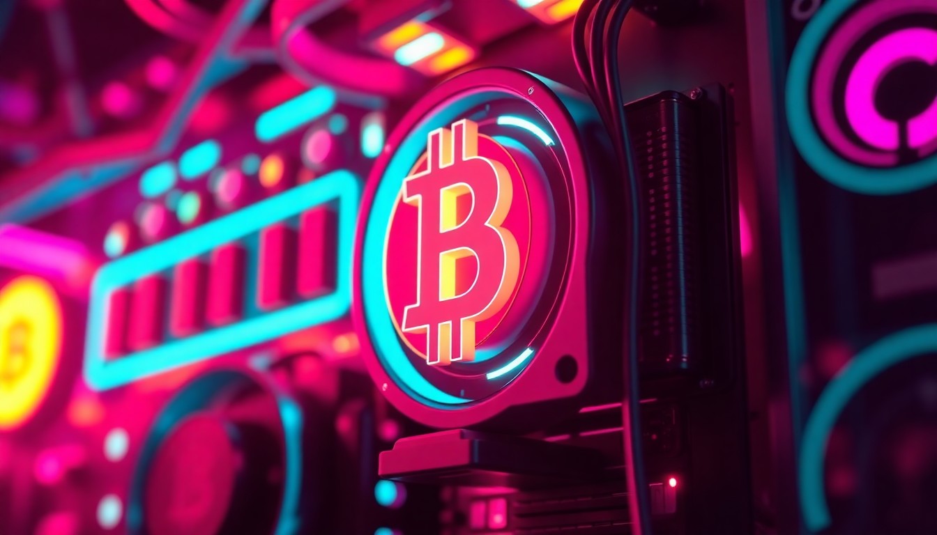 A detailed, glowing 3D illustration of a Bitcoin mining rig or node, with intricate metallic components and circuit boards illuminated by vibrant neon lights, conveying the complex digital infrastructure underlying the cryptocurrency's security.