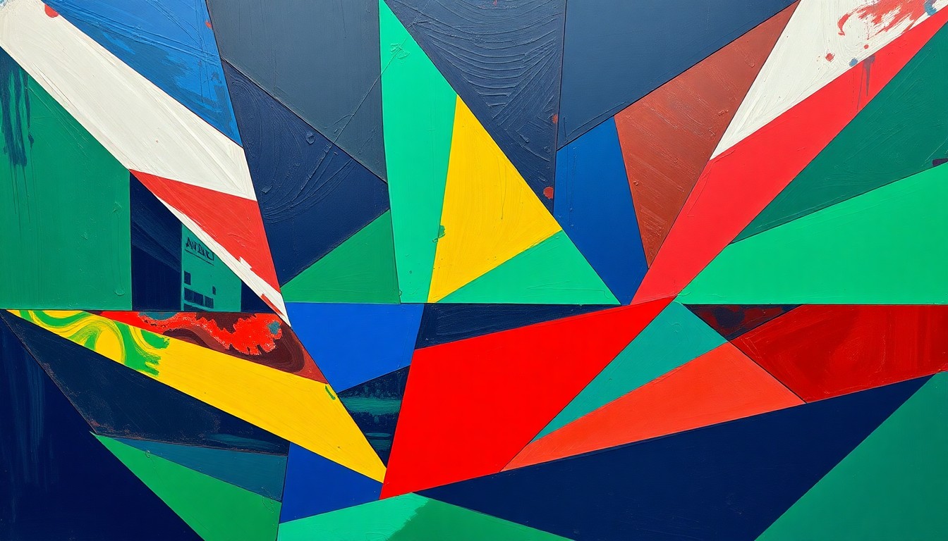 A cubist, geometric painting depicting a fragmented WNBA game or match, with sharp, overlapping planes of navy blue, emerald green, and crimson red, capturing the strategic and cultural evolution of the league.