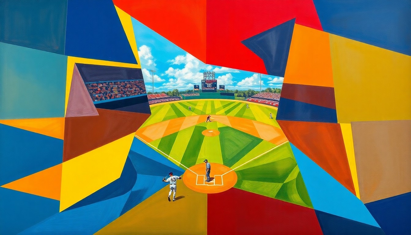 A fractured, cubist-style painting depicting a baseball infield and players broken down into sharp, overlapping geometric shapes and planes in vibrant colors, conceptually representing the Brewers' strategic move to extend a defensive-minded prospect.