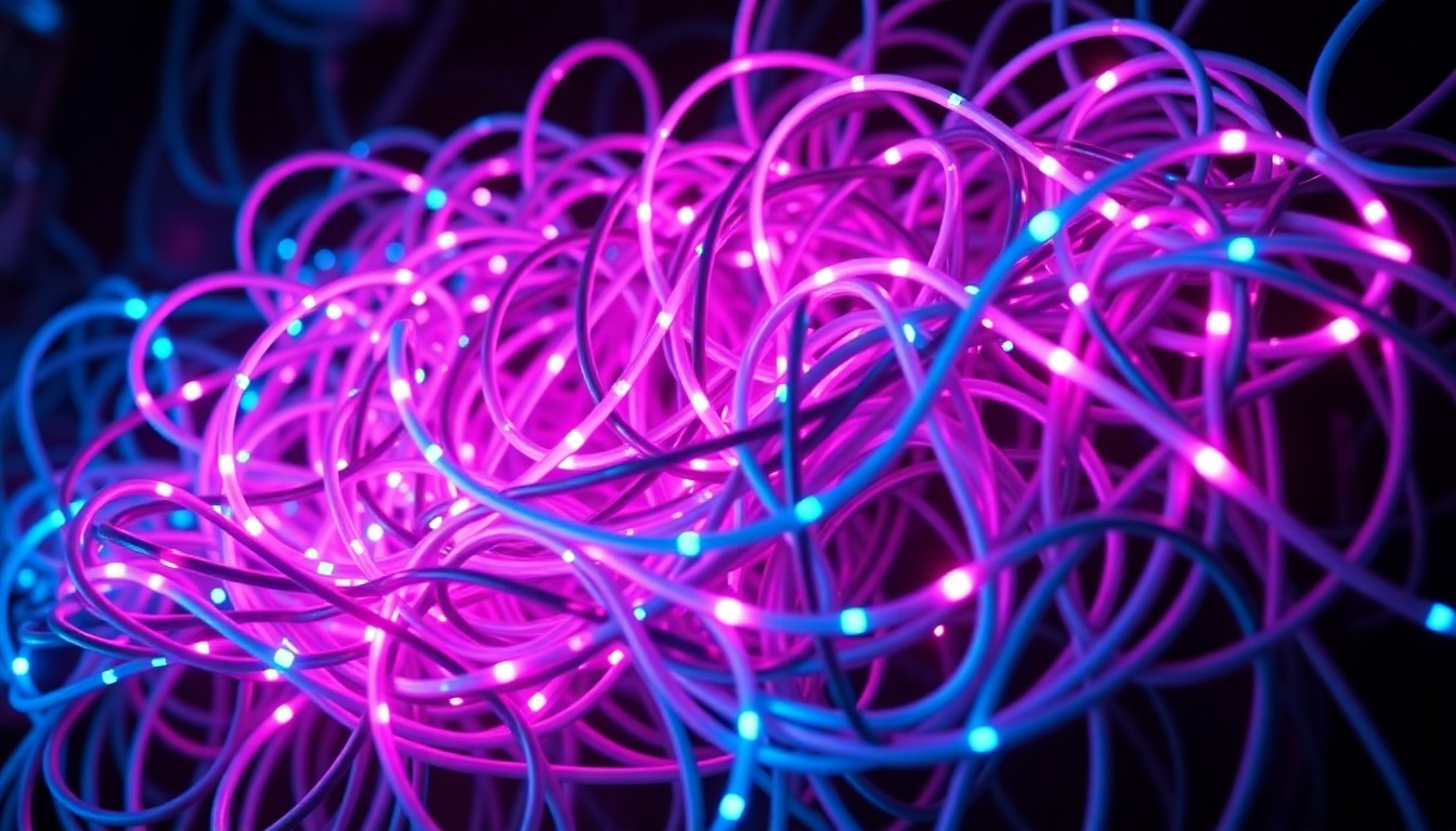 A highly detailed, glowing 3D illustration of a tangled network of iCloud data cables and servers, illuminated by neon cyan and magenta lights, conceptually representing the underlying technology powering Apple's cloud sync services.