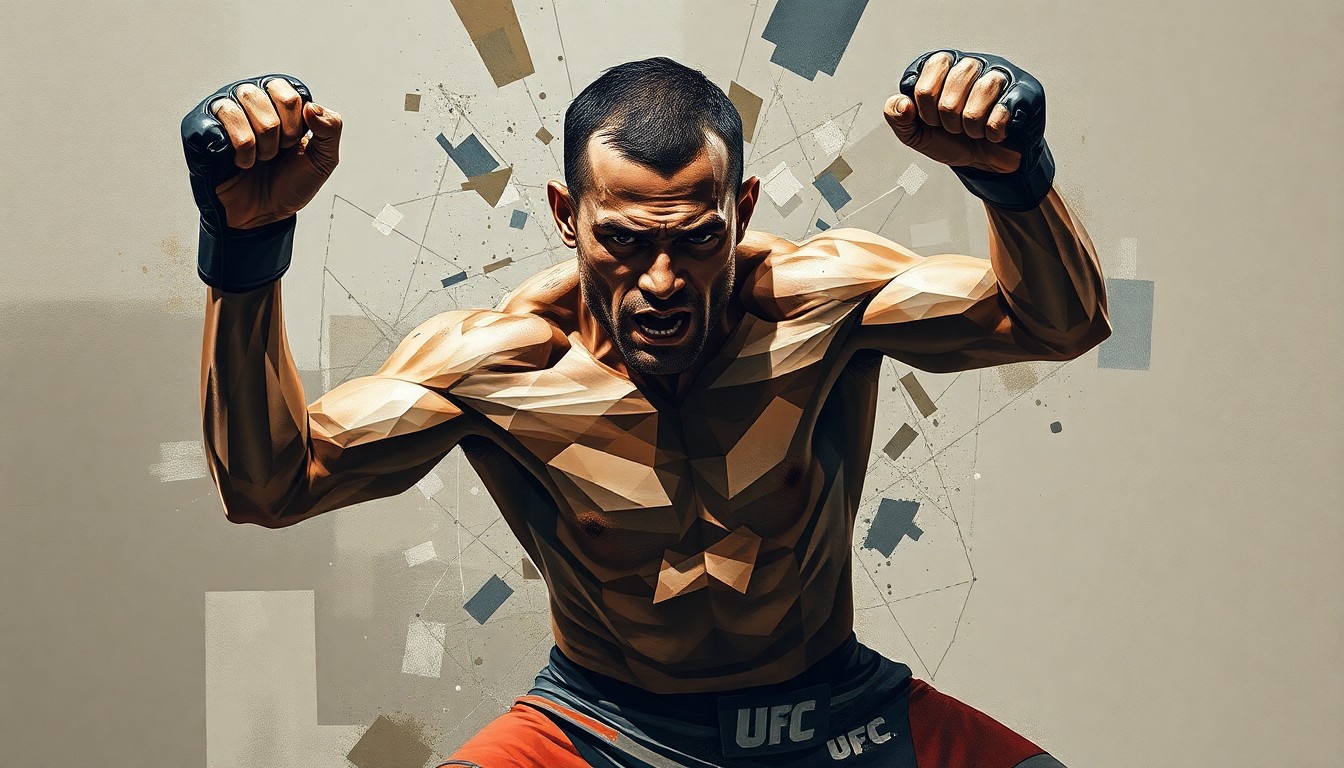 A cubist-style painting depicting a UFC fighter's body and movements fractured into sharp, overlapping geometric planes in muted earth tones, representing the loss of identity and reputation in the face of a doping scandal.