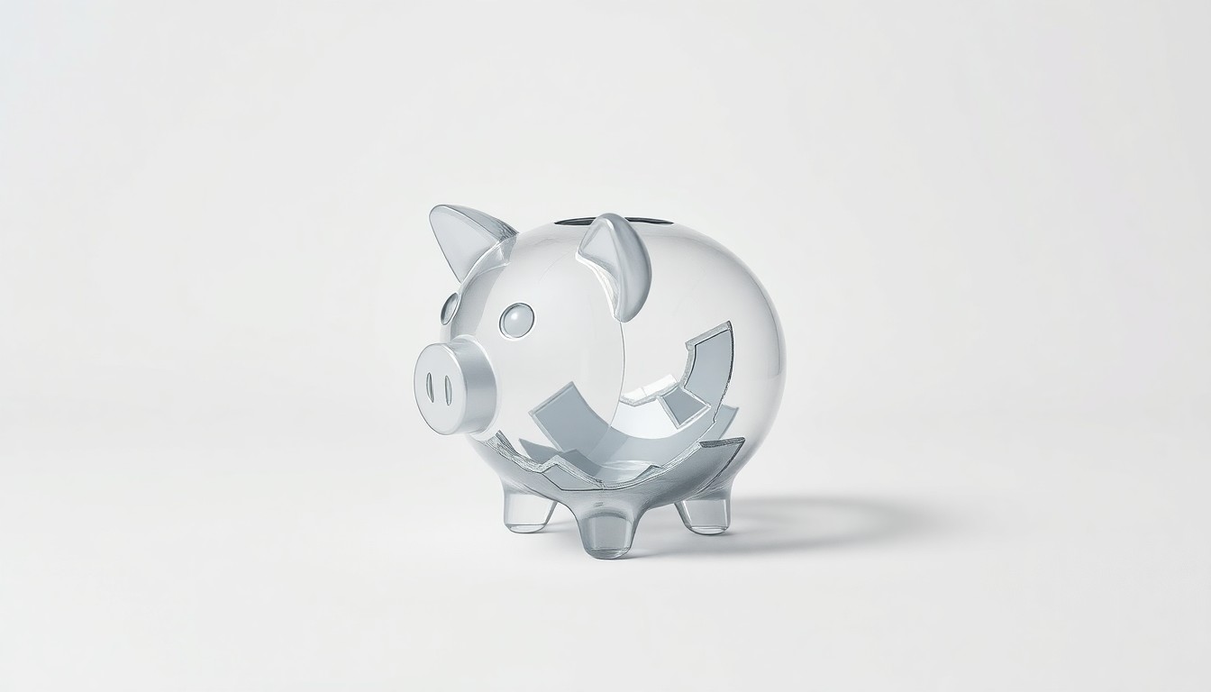 A close-up photograph of a shattered glass piggy bank, its fragments reflecting the harsh studio lighting, symbolizing the financial ruin experienced by Zone RV customers.