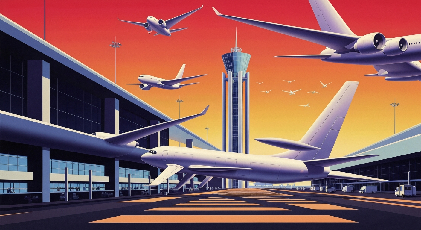 A highly stylized, geometric illustration depicting the grand scale and disruption of air travel, with sweeping airbrushed gradients and towering forced perspectives of airport architecture, conveying the sense of uncertainty and disruption caused by the FAA's temporary flight restriction.