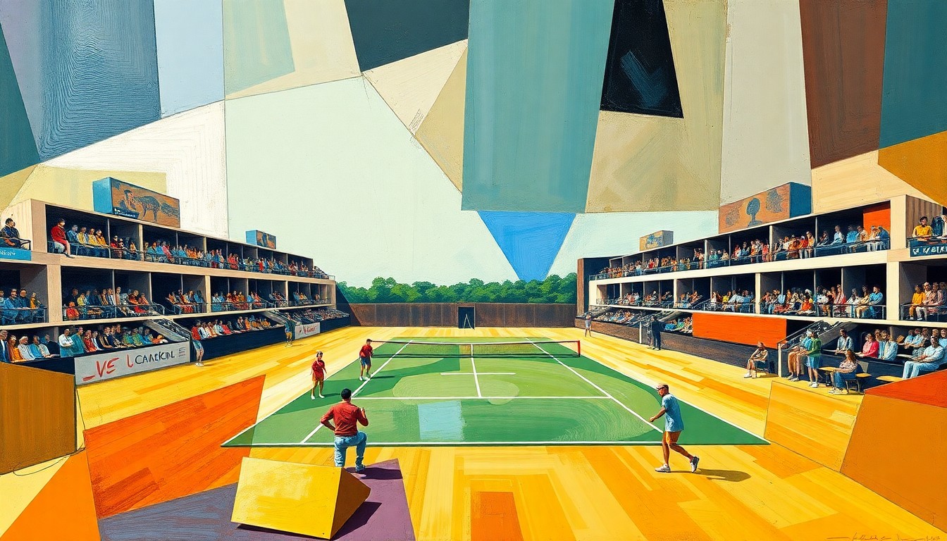 A cubist, geometric painting depicting the Badosa-Sakkari tennis match, with overlapping planes of color and form capturing the dynamic action and energy of the game.