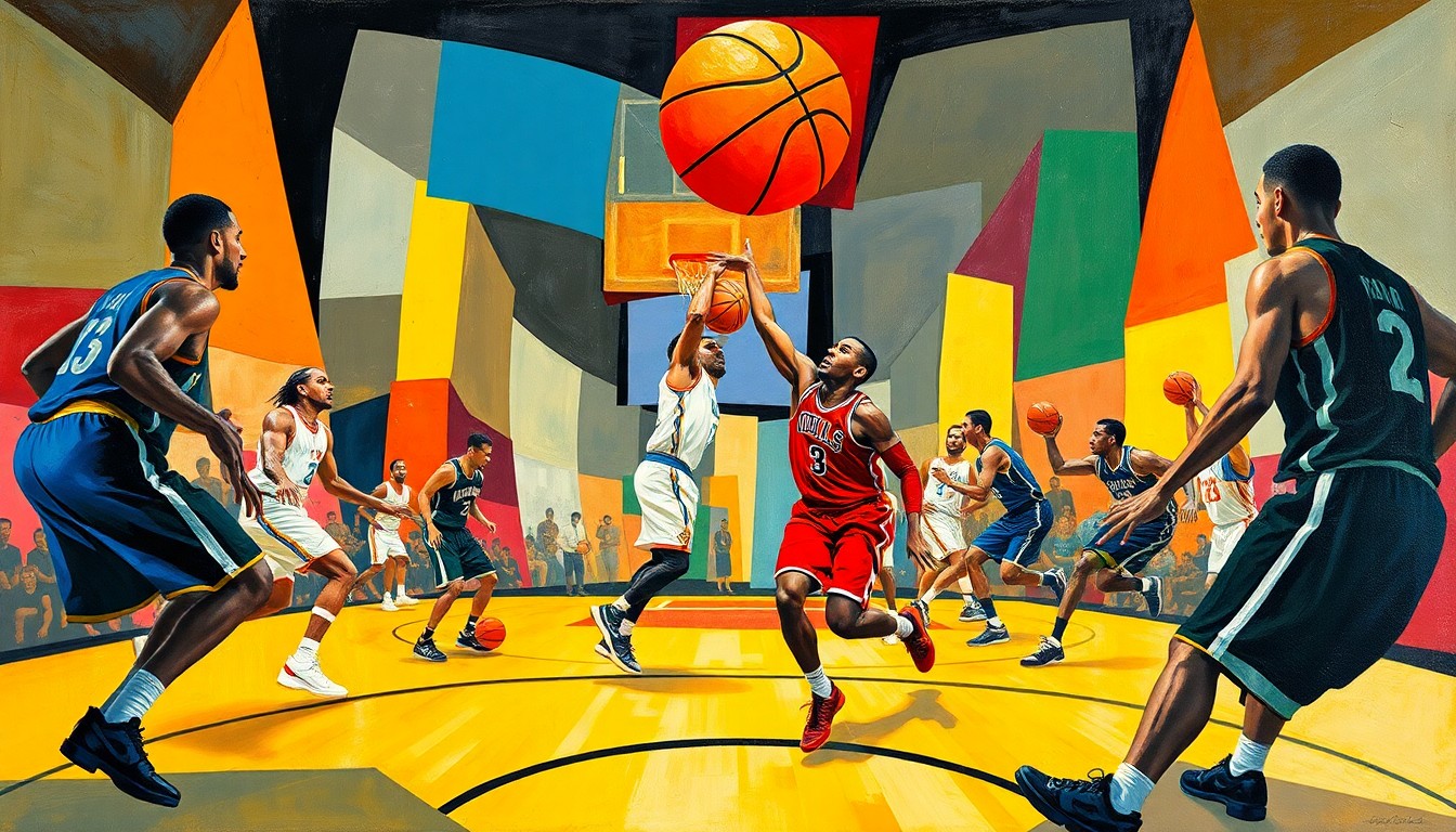 A cubist, geometric painting depicting the abstracted forms of basketball players in motion, with vibrant colors and overlapping planes capturing the energy and movement of the sport.