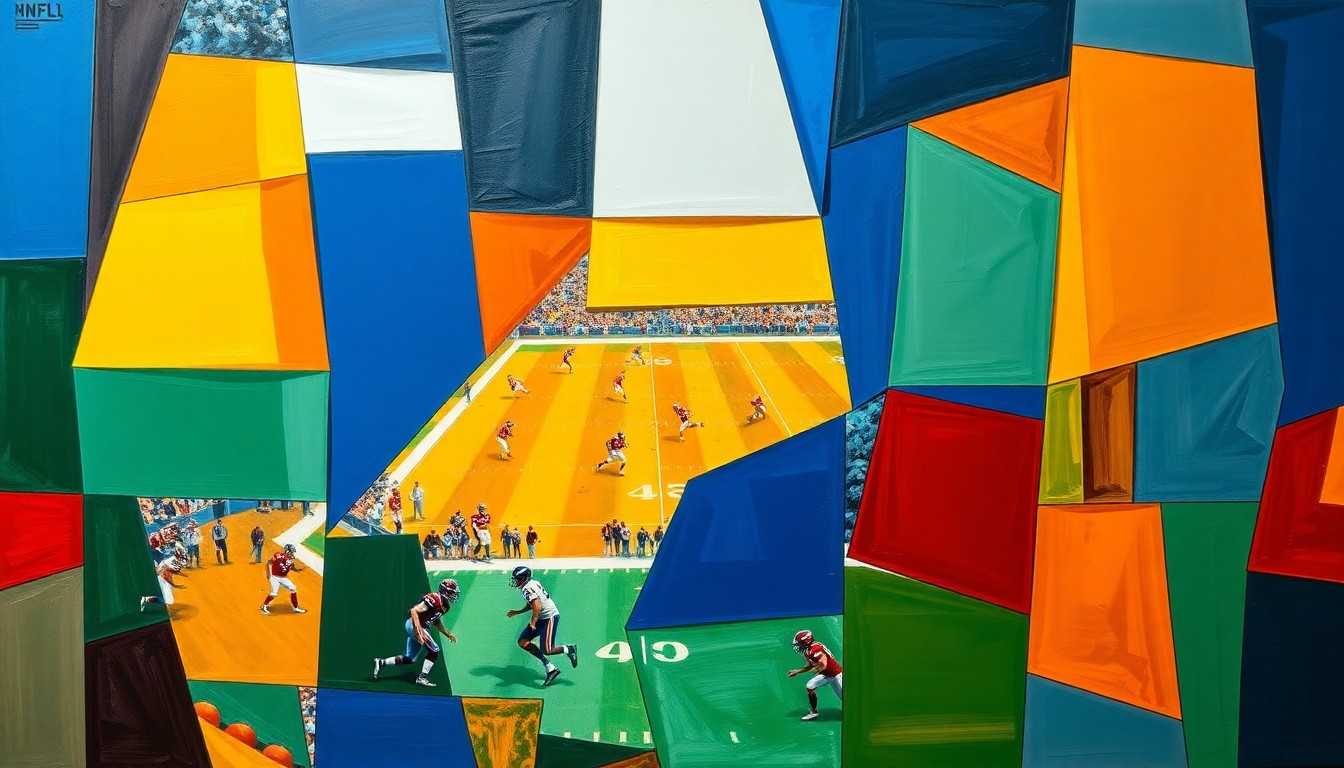 A cubist, geometric painting depicting fragmented football players, balls, and field elements in a dynamic, overlapping composition using bold colors like navy, green, and orange.