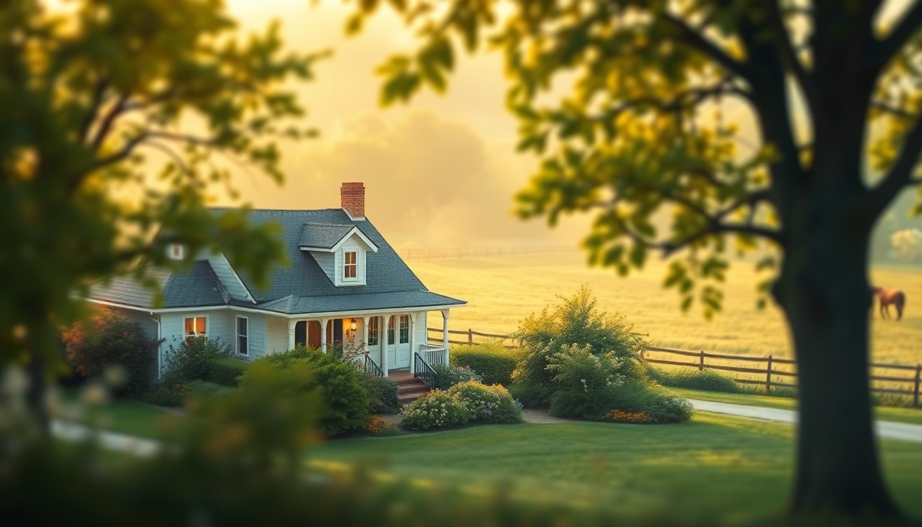 A softly focused, impressionistic photograph of a charming single-family home nestled among lush greenery, with a blurred background of a pastoral horse farm, bathed in warm, golden light and soft, hazy color washes.