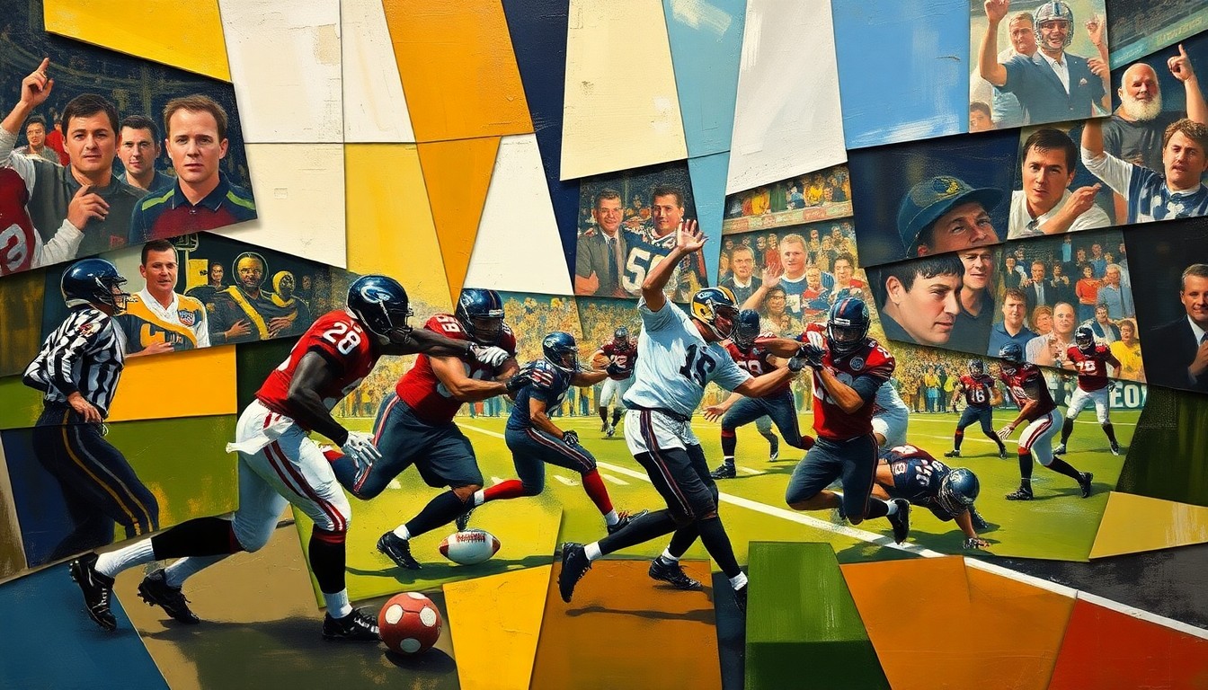 A cubist, geometric painting depicting fragmented football players and a game in progress, with sharp, overlapping planes of color and form.