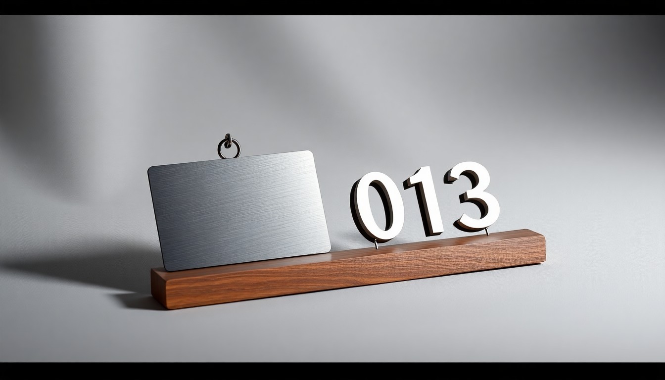 A high-end, photorealistic studio still-life photograph featuring a sleek, modern hotel room key card and a stylized hotel room number plaque, both made from polished metal and wood, arranged elegantly on a clean, monochromatic seamless background, conceptually representing the sophisticated and sustainable design of the new AC/Element Marriott hotel.