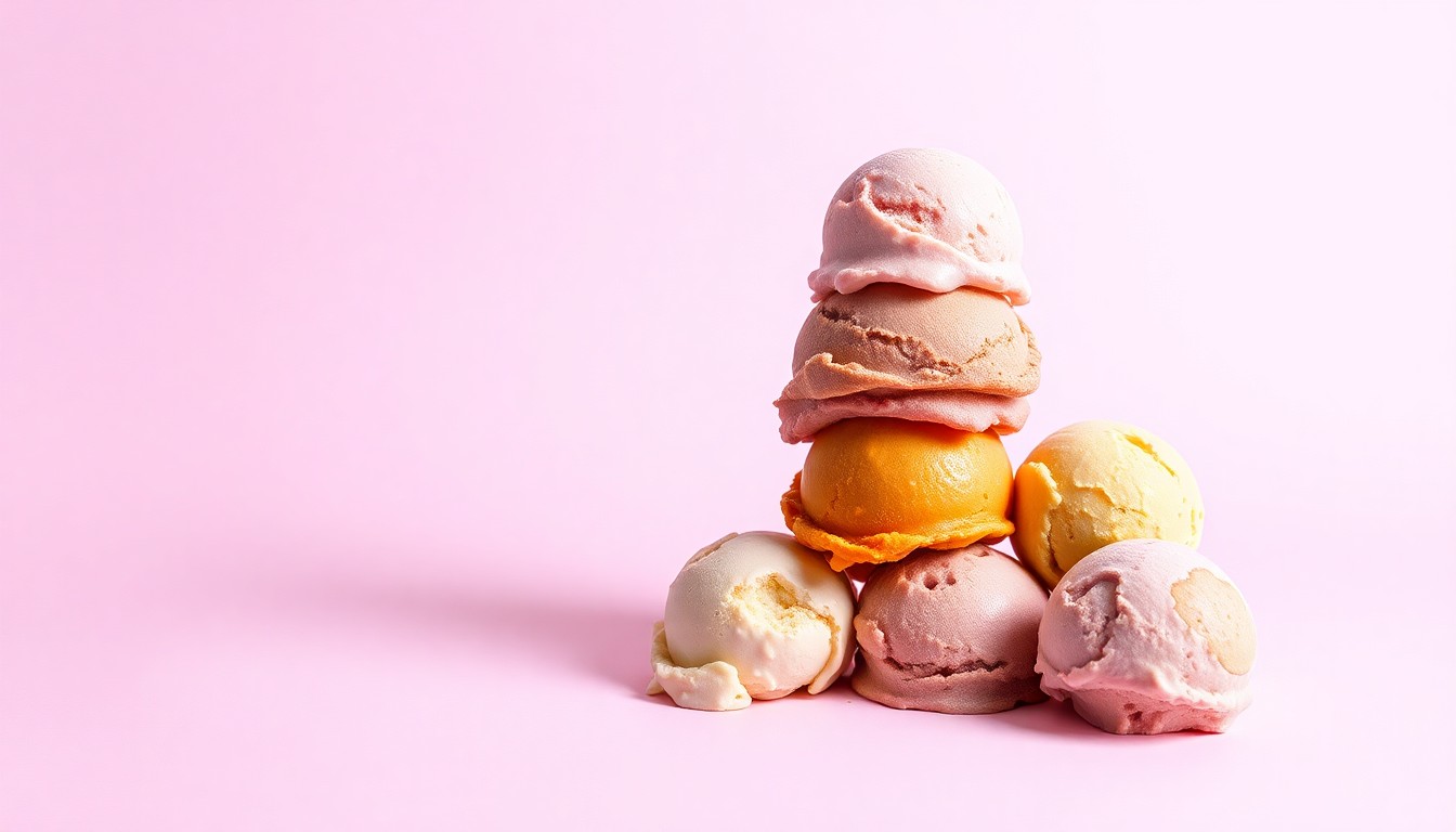 A photorealistic studio still life featuring a stack of colorful ice cream scoops in various flavors, arranged elegantly on a clean, monochromatic background, representing the joy and creativity of a new ice cream shop.