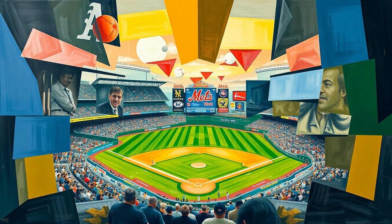 A cubist, geometric painting depicting a baseball game between the Oakland Athletics and New York Mets, with the players and field broken down into sharp, overlapping shapes and planes, capturing the dynamic energy and strategic complexity of the sport.