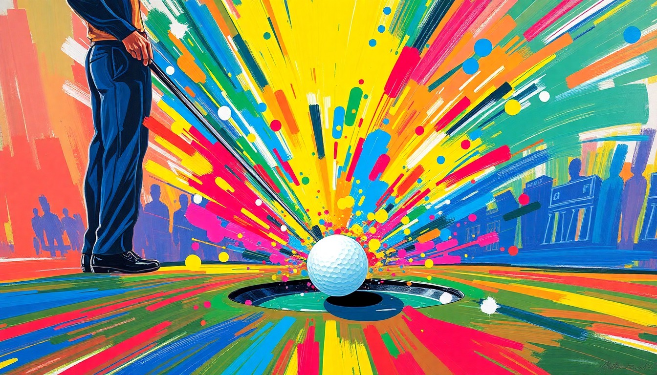 An extreme close-up of a golf ball rolling into the cup, surrounded by a burst of vibrant, neon-colored paint strokes, conceptually capturing the raw energy and drama of Tony Finau's dramatic eagle putt at the 2026 Valero Texas Open.