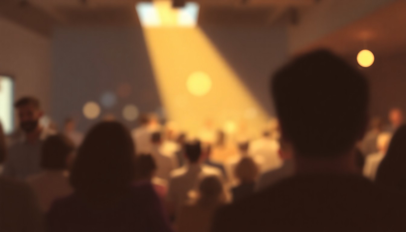 An abstract, out-of-focus scene depicting a group of people gathered in a warm, inviting space, with blurred shapes and pools of light representing the diverse perspectives and shared experiences of the TEDxSiouxFalls event.