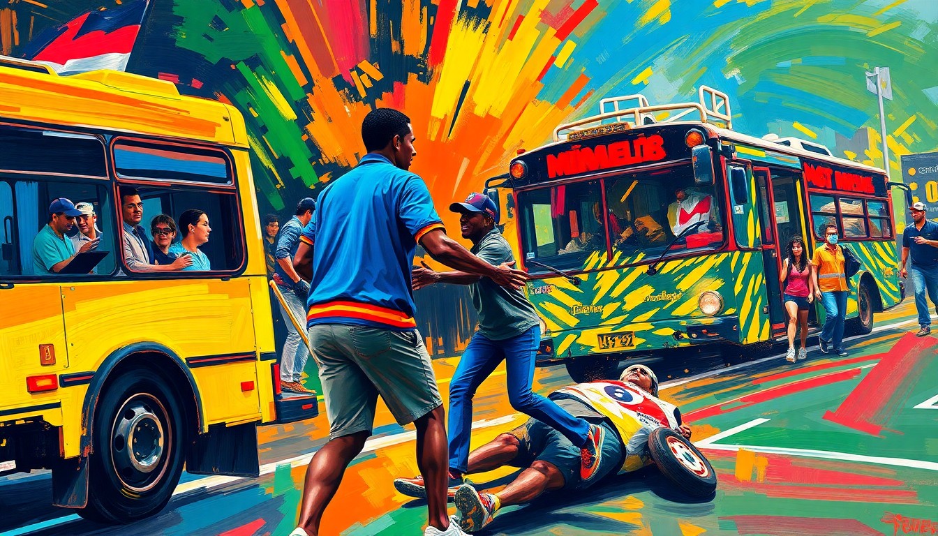 An abstract, energetic painting in neon colors depicting a person rushing to aid another person, conceptually representing the heroic actions of Teesa Mpagi assisting a pedestrian struck by a bus at a sports event.