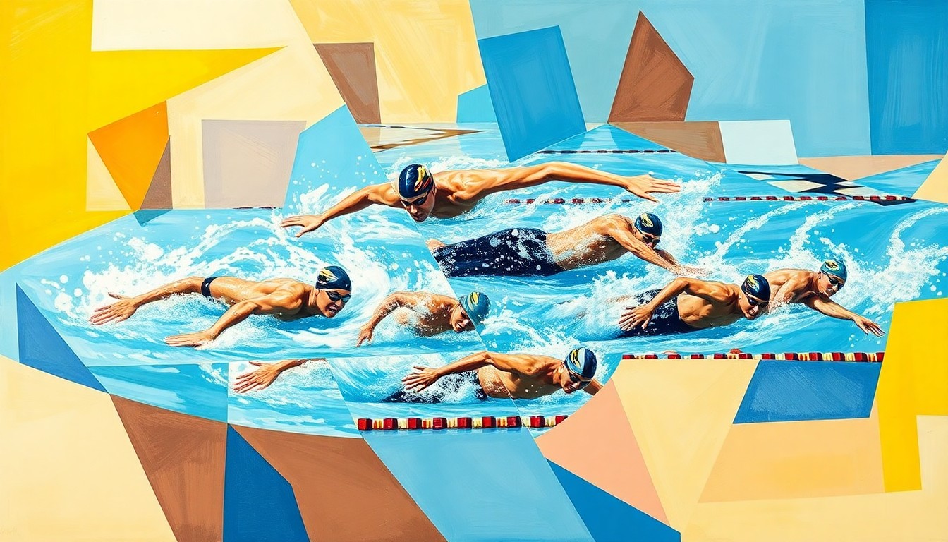 A fragmented, geometric painting depicting a 200-yard free relay race, with the swimmers' bodies and movements broken down into sharp, overlapping planes of color and form.