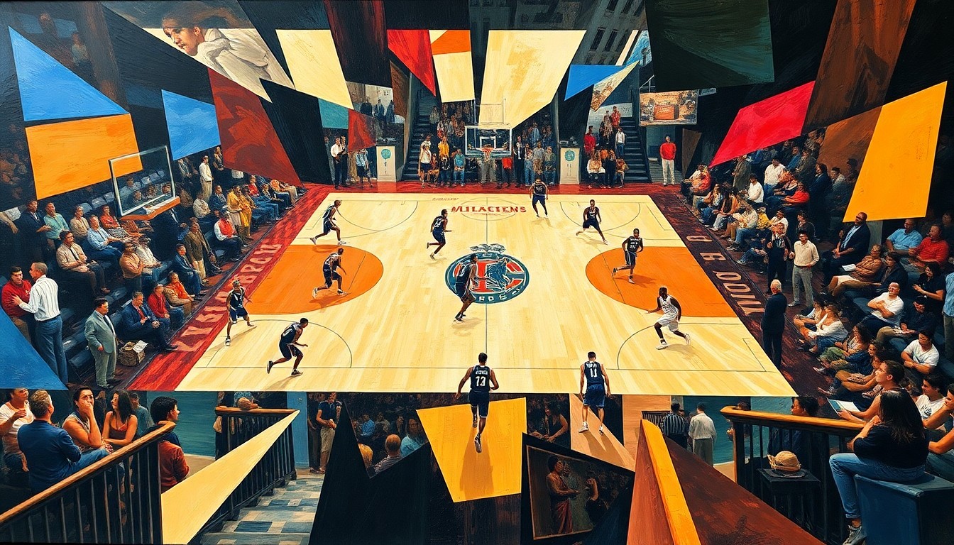 A fragmented, geometric painting depicting the dynamic movements and energy of a college basketball game, with the players and court deconstructed into sharp, overlapping planes of color and shape.