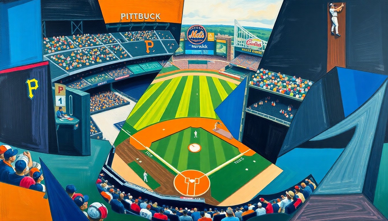 A fractured, geometric painting in bold colors depicting various moments and perspectives from a baseball game, conveying the dynamic nature of the sport.