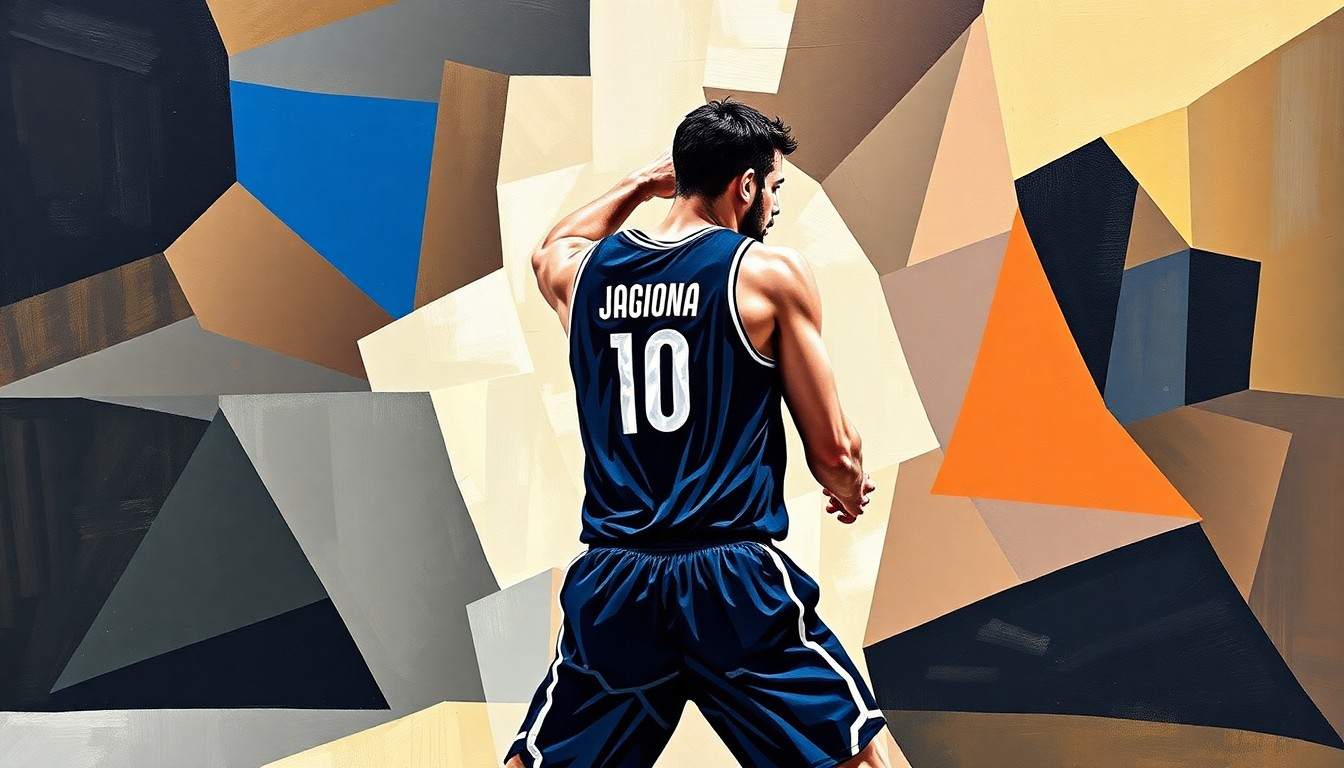 A cubist, geometric illustration depicting Nikola Jokic's athletic movements and dominance on the basketball court, with sharp, overlapping planes of color and form capturing the energy and dynamism of his play.