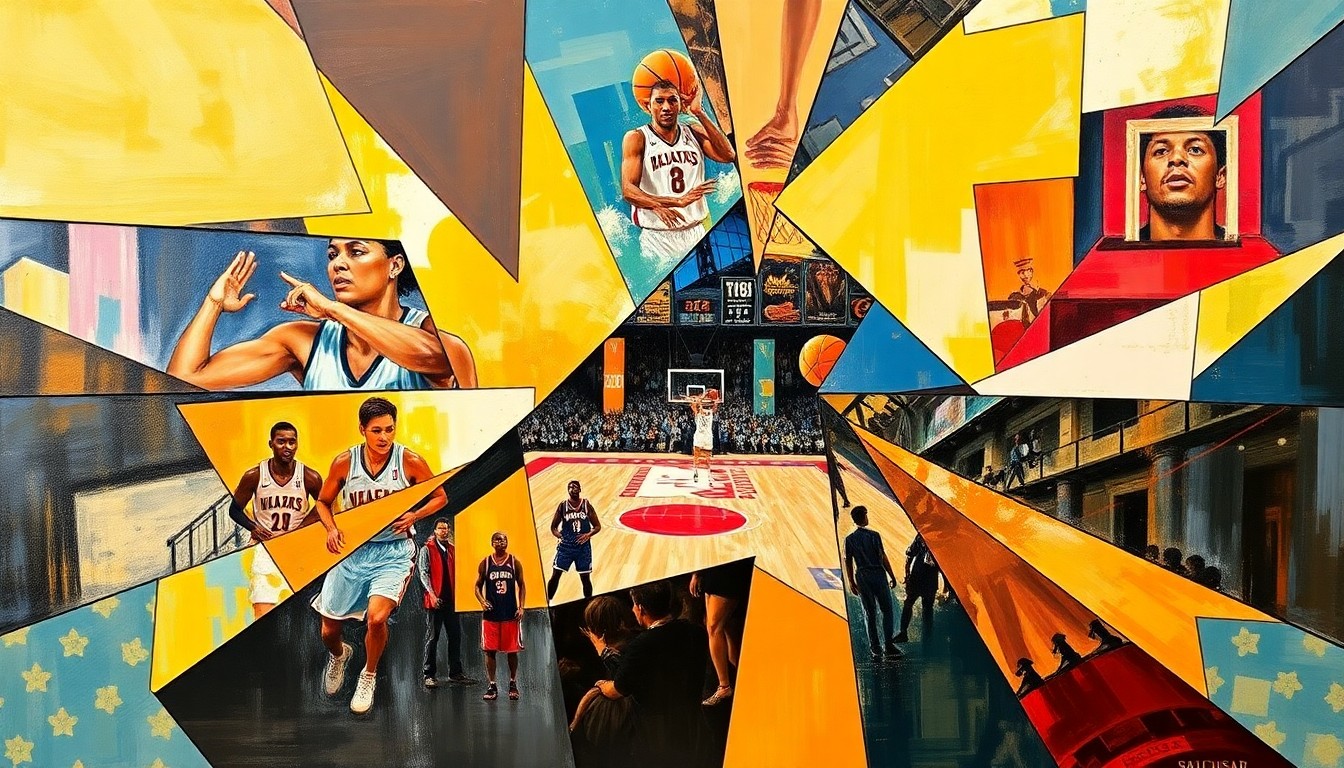 A cubist, geometric painting depicting a WNBA basketball game or match, with the players and court broken down into sharp, overlapping shapes and planes of color, capturing the dynamic energy and movement of the sport.