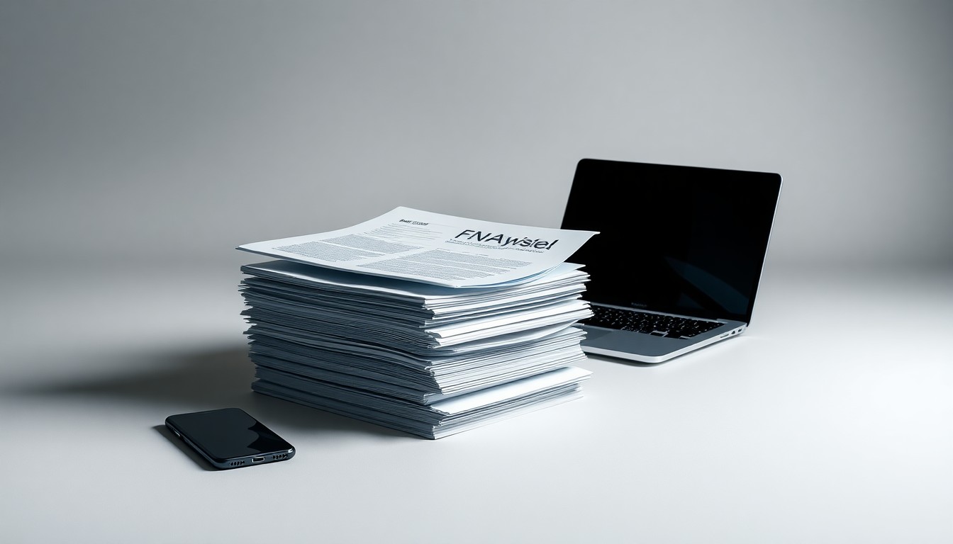 A high-end, photorealistic studio still-life photograph featuring a stack of financial documents, a laptop, and a smartphone arranged on a clean, monochromatic background. The sharp lighting and deep shadows create a sense of tension and uncertainty, symbolizing the complex issues of information asymmetry and trust in prediction markets.