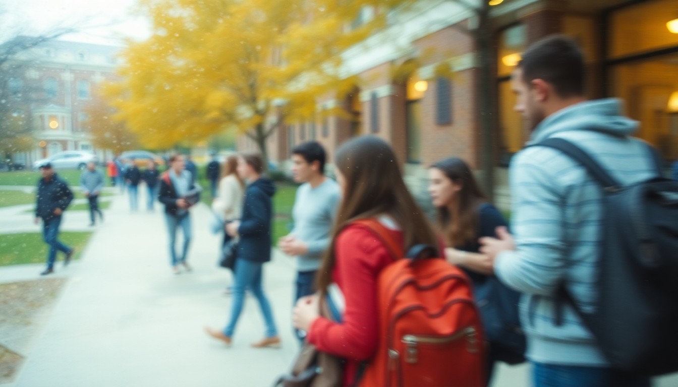 An abstract, impressionistic scene of blurred, warm-toned shapes and colors representing a college campus, conveying the uncertainty and disruption caused by the ongoing strike at Portland Community College.