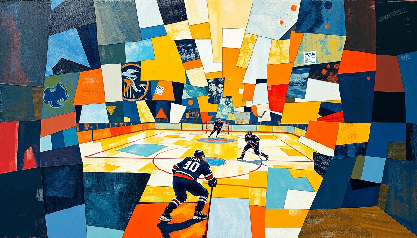 A cubist, geometric painting depicting a hockey game or match, with sharp, overlapping planes of blue, orange, teal, and navy blue representing the competing teams and the dynamic action on the ice.