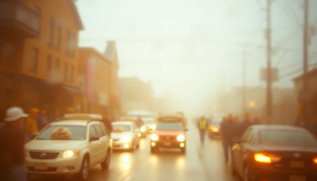 An abstract, impressionistic scene of blurred, warm-toned shapes and colors, evoking the somber mood and intimate atmosphere of a small-town funeral.