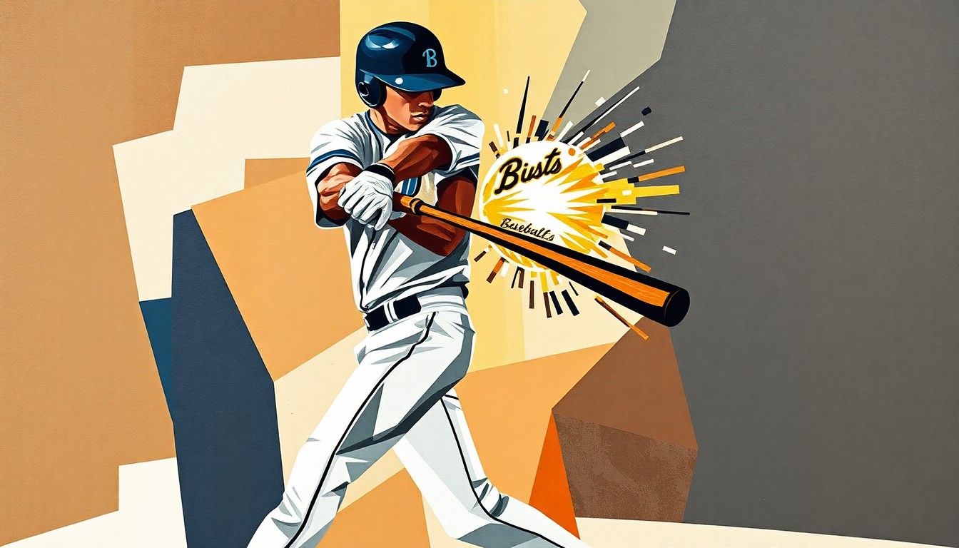 A cubist, geometric painting depicting a baseball player mid-swing, the ball exploding off the bat in a burst of sharp, overlapping planes and angles, capturing the raw power and energy of the moment.