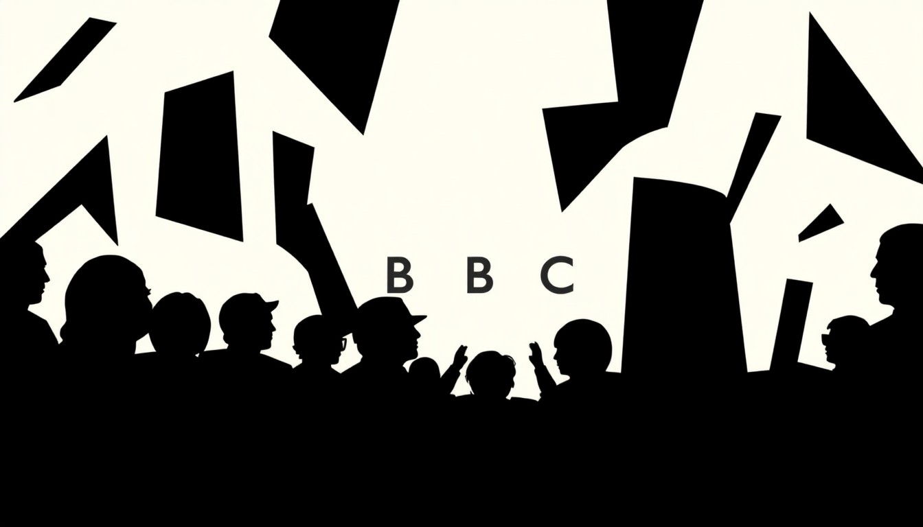 An abstract, minimalist illustration featuring sharp, angular black shapes and silhouettes against a solid background, conceptually representing the impact of unintentional mistakes in live broadcasting.