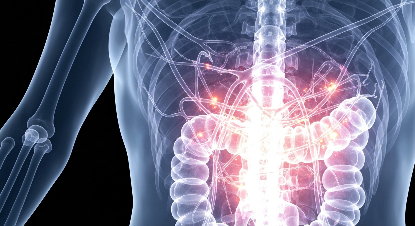 A translucent, ghostly X-ray photograph showing the intricate structures of the human digestive system, conveying the clinical and scientific nature of GLP-1 drugs and their effects on the body.