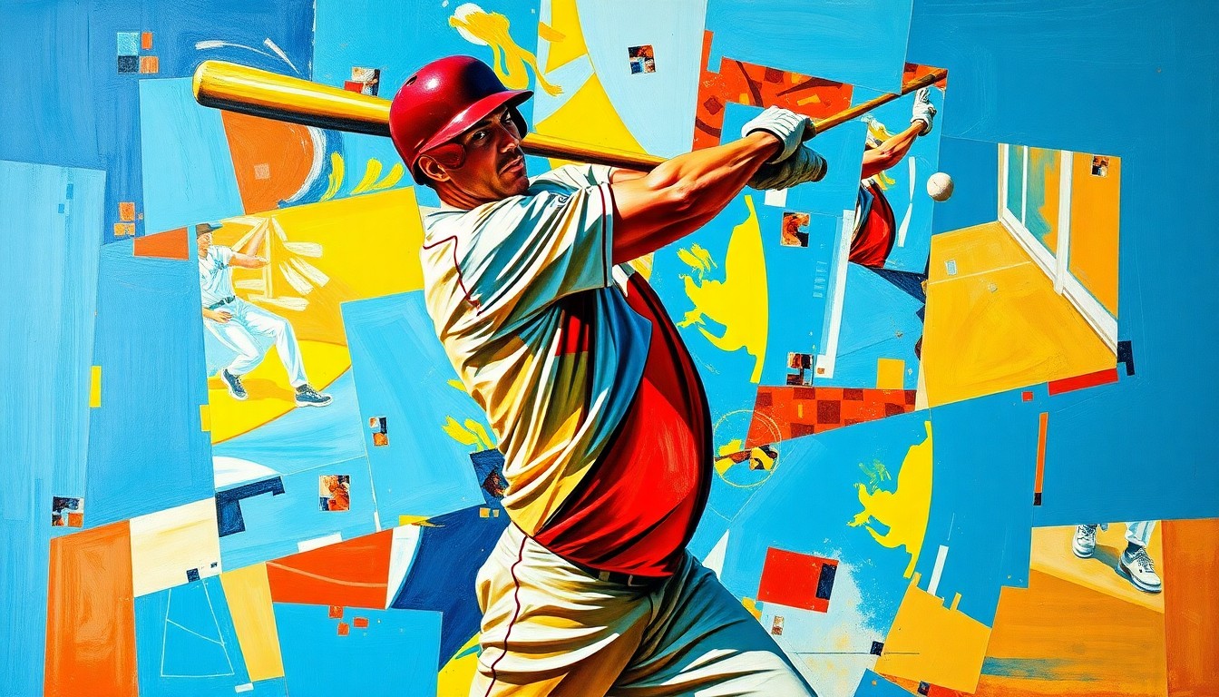 A fragmented, geometric painting depicting a baseball player's swing broken down into sharp, overlapping planes of color, conveying the physicality and unpredictability of the sport.