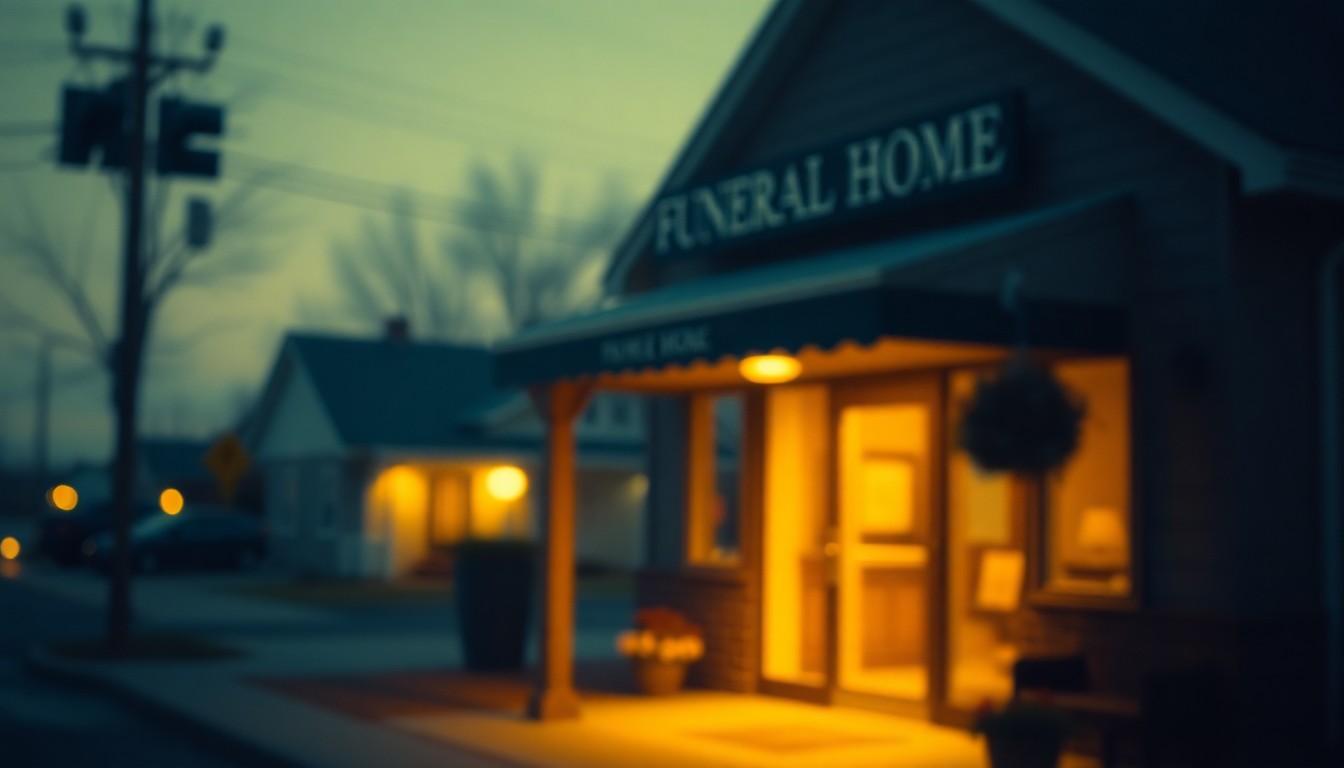 An abstract, impressionistic photograph in soft, hazy tones depicting the entrance to a small-town funeral home, conveying a sense of quiet contemplation and loss.