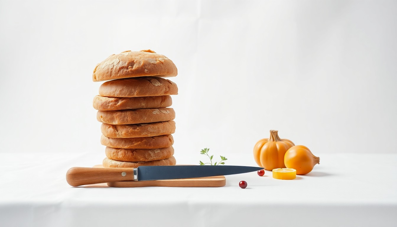 A high-end, photorealistic studio still-life photograph featuring a stack of freshly baked bread, a knife, and a few simple sandwich ingredients arranged elegantly on a clean, white seamless background, conceptually representing the craftsmanship and attention to detail that goes into Ike's signature sandwiches.