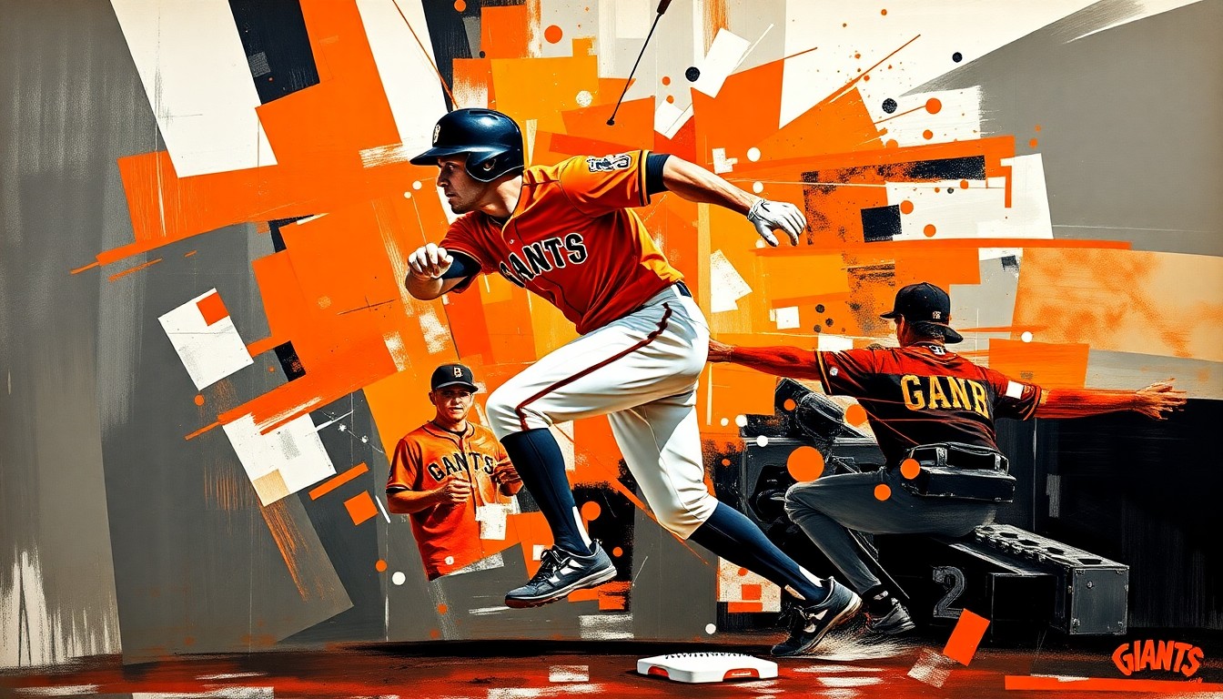 A fragmented, geometric painting depicting a baseball player's base running motion, with sharp planes of orange, black, and white representing the San Francisco Giants' colors. The abstract style conveys the team's efforts to turn accountability into positive change.