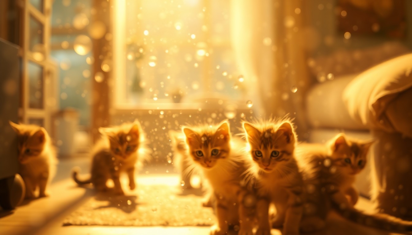 An abstract, impressionistic scene of several playful kittens in a warm, softly-lit indoor setting, conceptually representing the welcoming atmosphere of an adoption event.