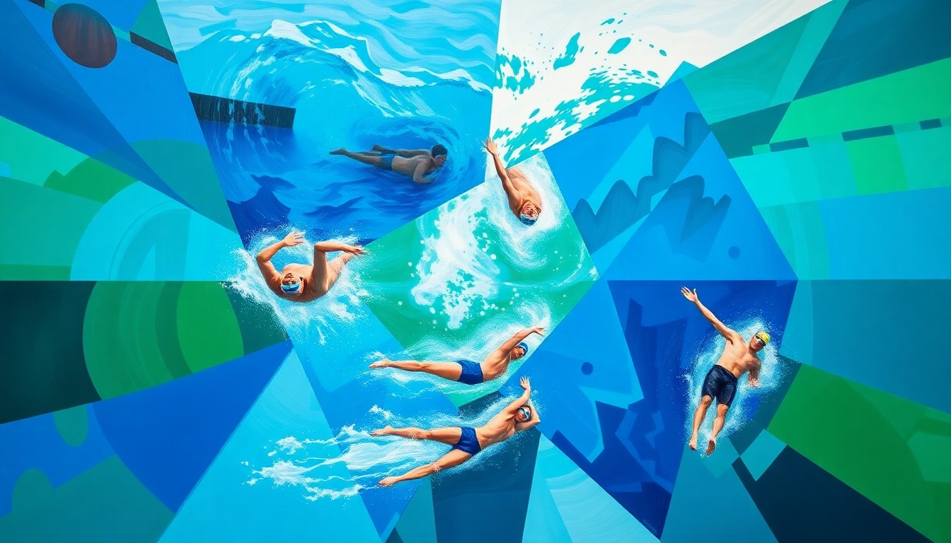A cubist, geometric painting depicting overlapping and fragmented images of open water swimmers in motion, with vibrant blue, green, and white colors representing the aquatic environment.