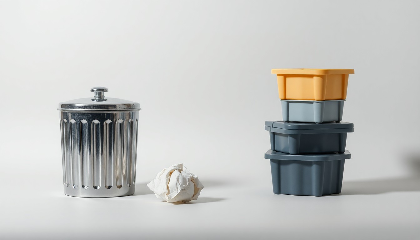 A photorealistic studio still life featuring a polished metal trash can lid, a crumpled paper ball, and a stack of recycling bins arranged on a clean grey background, symbolizing the complex issues of waste disposal and recycling.