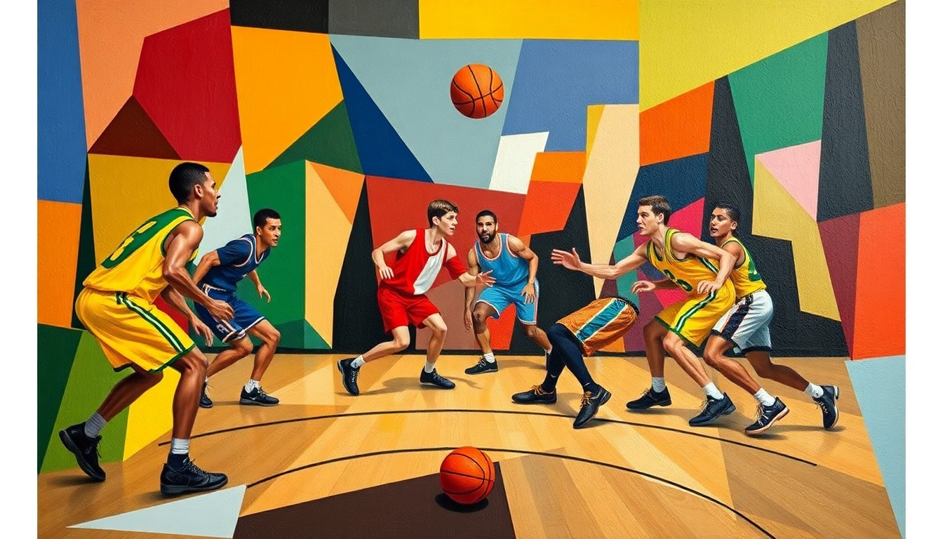 A cubist, geometric painting depicting a basketball game in progress, with the players' forms broken down into sharp, overlapping shapes and planes of color.