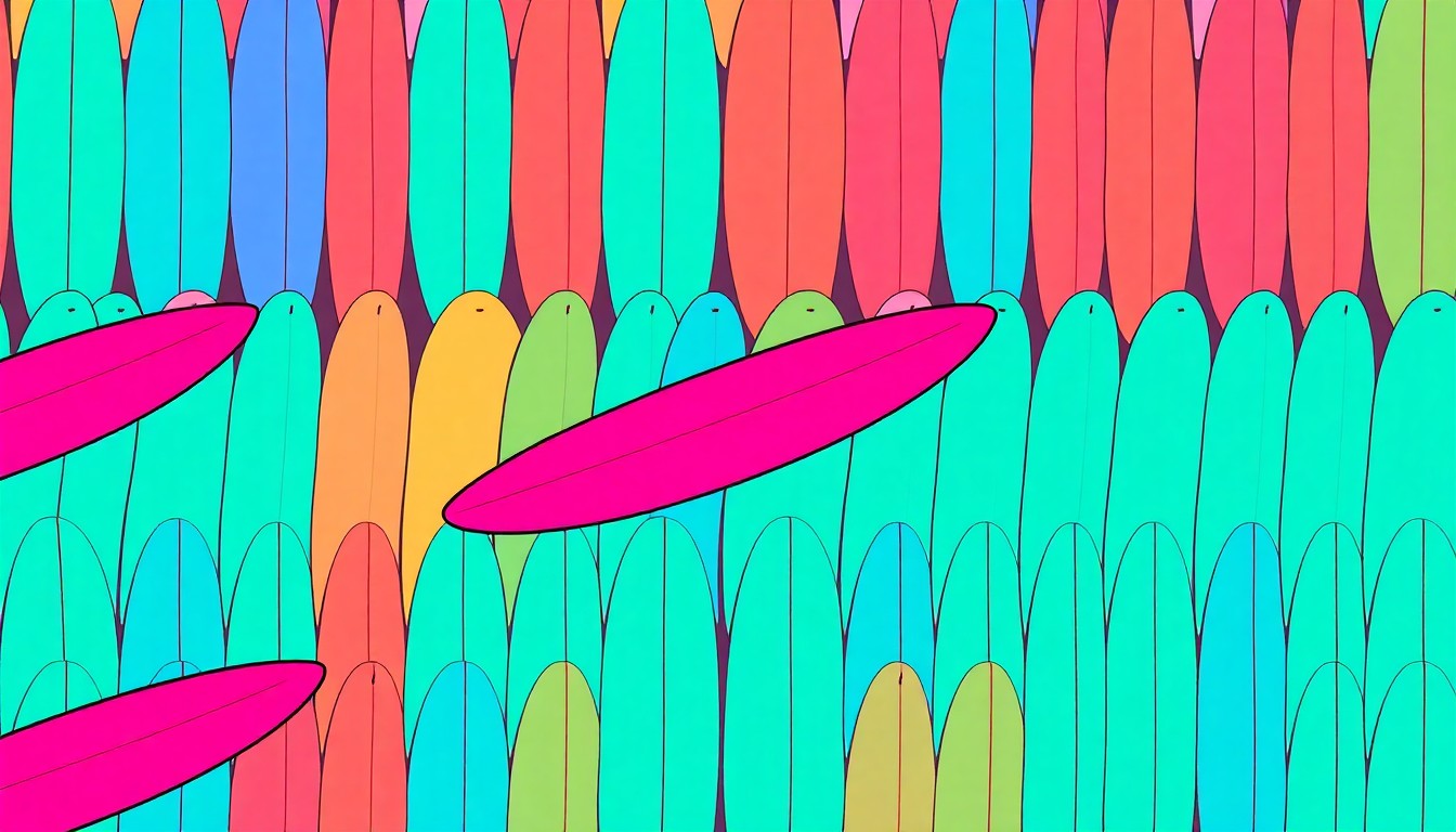 A bold, high-contrast silkscreen print featuring a repeated image of a colorful surfboard in a grid pattern, capturing the modern and playful spirit of the new Waco Surf residential development.