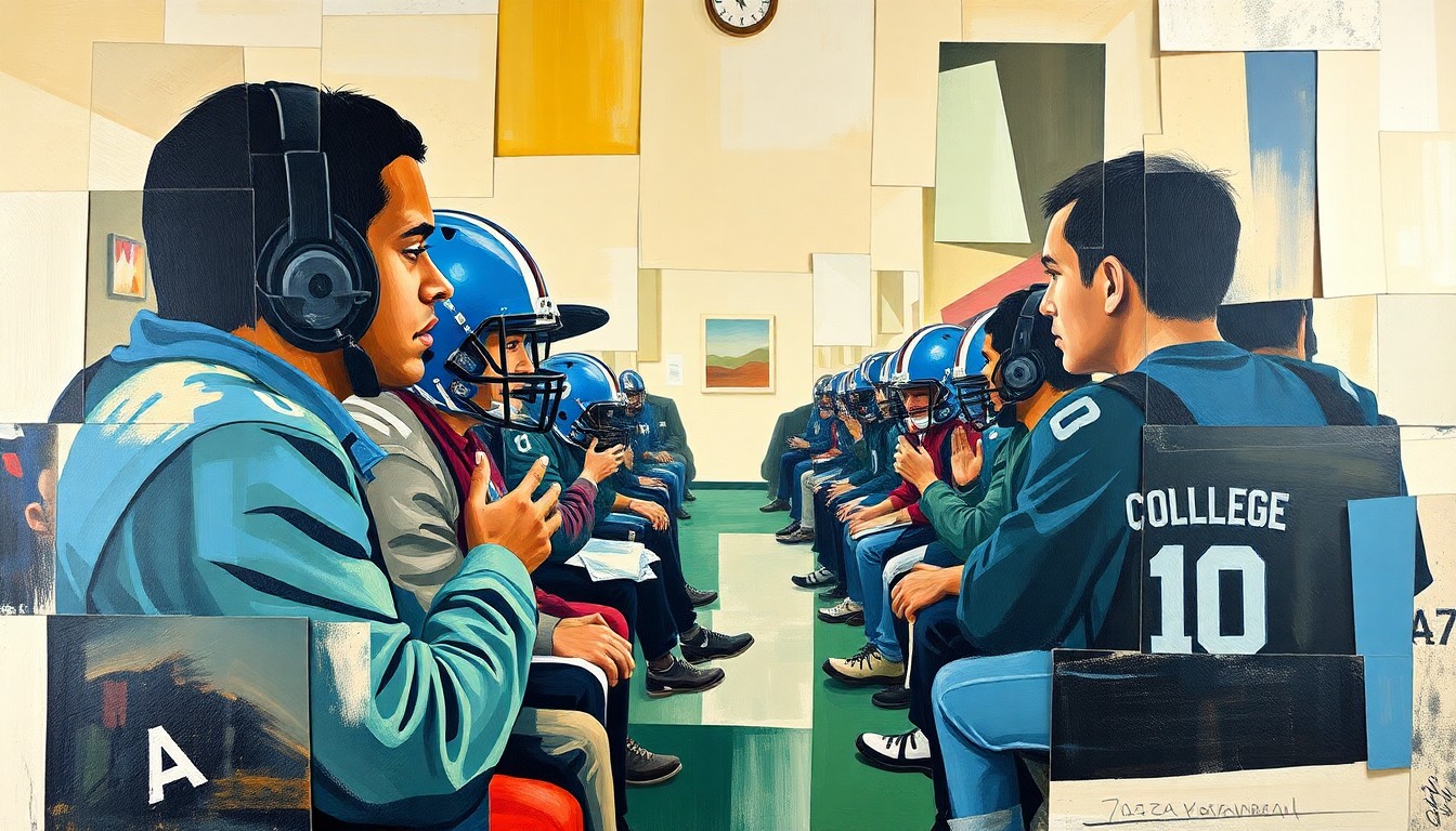 A cubist-style painting depicting a fragmented, geometric representation of a college football recruiting visit, with various shapes and planes overlapping to create a dynamic, abstract composition.