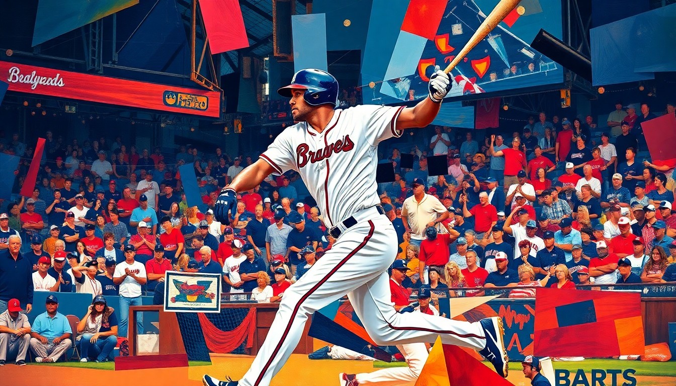 A fractured, cubist-style painting depicting the dynamic motion of a baseball player in action, with the energy of a crowd in the background, all rendered in the vibrant colors of the Atlanta Braves' team palette.