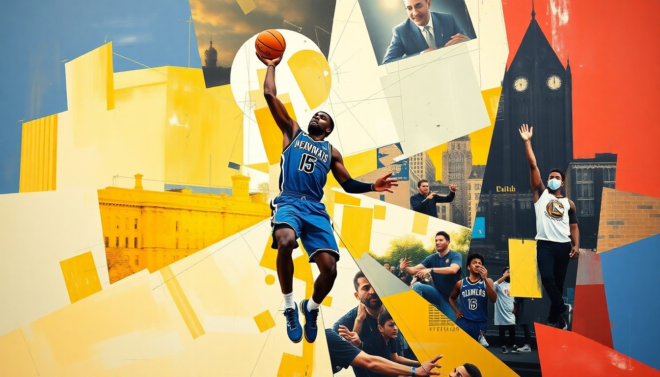 A fractured, multi-perspective painting depicting Ja Morant's basketball moves and the complex dynamics between the player, the team, and the city of Memphis, expressed through sharp, overlapping geometric planes in a cubist style.