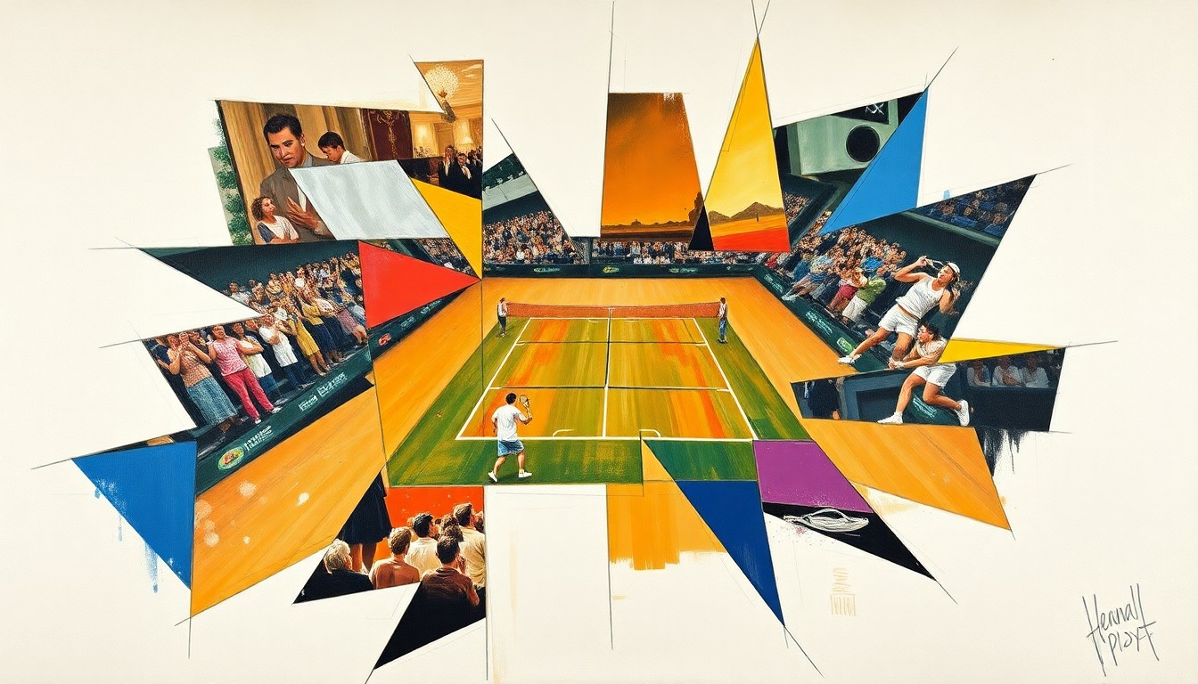 A cubist-style painting depicting a tennis match or competition, with the players and court broken down into sharp, overlapping geometric shapes and planes, conveying the dynamic and multifaceted nature of the sport.
